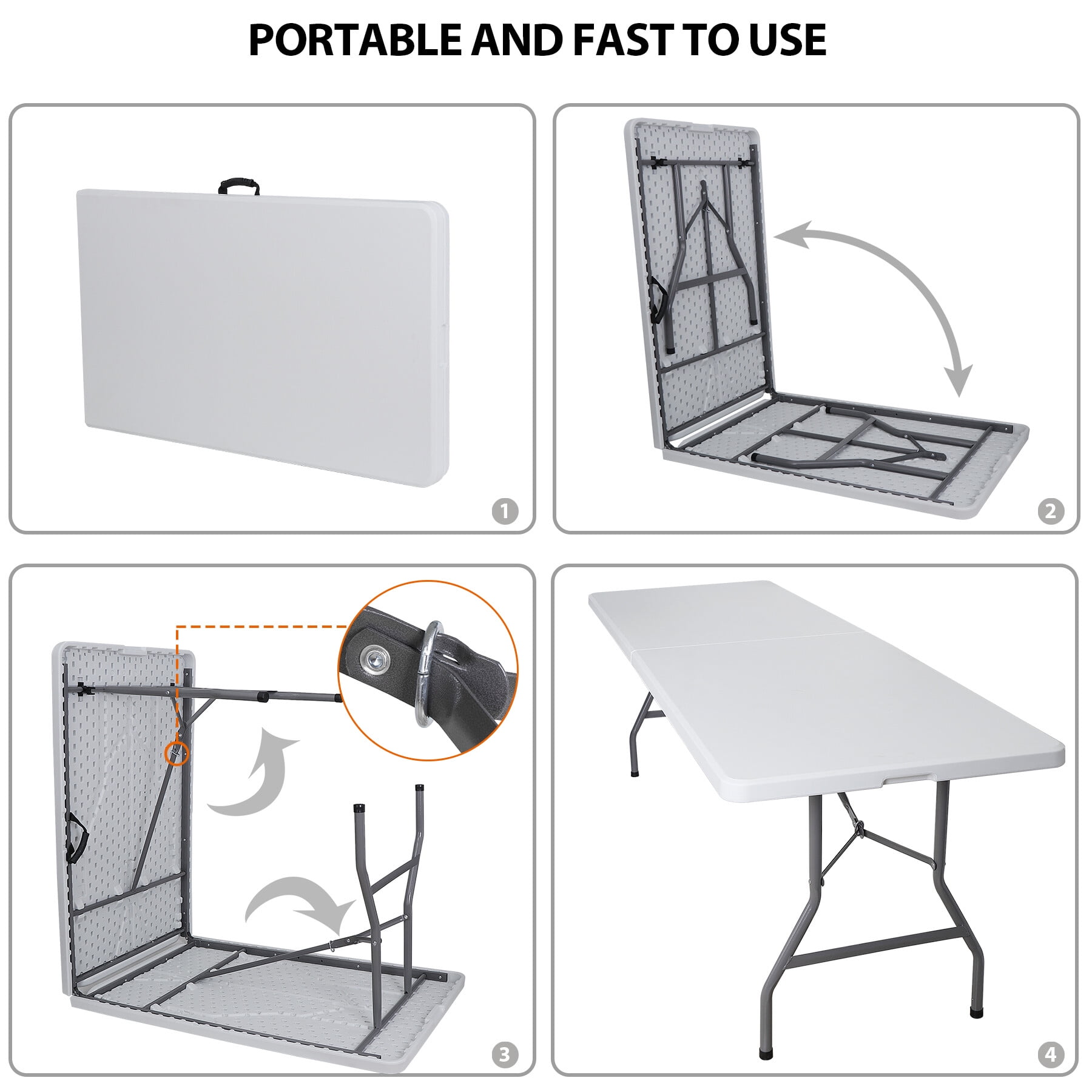 HomGarden 8FT Folding Utility Table Indoor Outdoor Table W/Handle, White