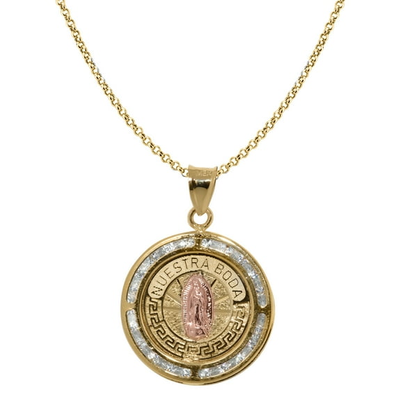 Precious Stars 14K Two-Tone Gold Cubic Zirconia Unisex Nuestra Boda Virgin Mary Pendant with 16" Chain Necklace