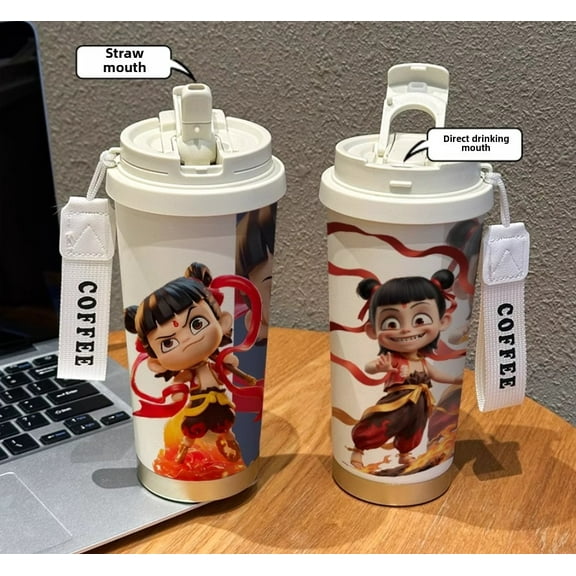 Nezha lovely thermos cup New 316 food grade stainless steel straw cup for men and women