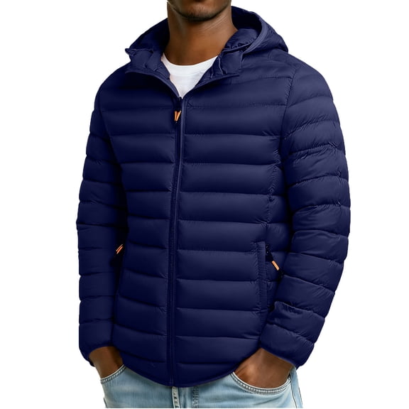 YueHuiYing Men's Solid Color Stand Collar Hooded Jacket Long Sleeve Parkas With Zip Pockets Casual Warm Outerwear Blouse