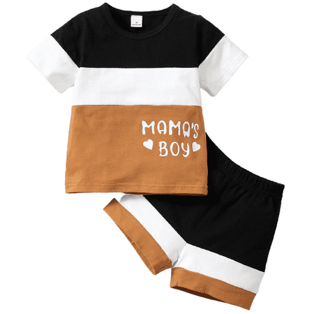 

Mikrdoo Baby Boys Outfits 3 Months Baby Boys MAMA S BOY Splice Shirt 6 Months Baby Boys Shorts 2Pcs Summer Clothes Set Brown