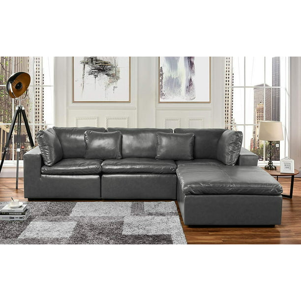 Large Leather Sectional Sofa L Shape, Gray Leather Sofa With Chaise