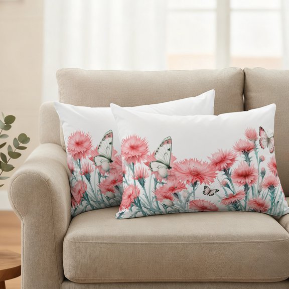 Watercolor Spring Pink Flower Waterproof Throw Pillow Covers Set of 2 Garden Floral Butterfly on White Outdoor Cushion Cover Pillow Protector Decorative Pillowcases for Bed Sofa Couch,20x12in