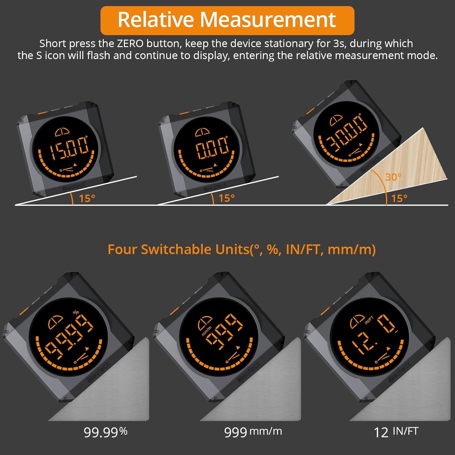 Neoteck Rechargeable Digital Angle Finder | 0.1° Accuracy Magnetic Level Box | IP54 Waterproof Inclinometer with 4 Units (°, %, IN/FT, mm/m) for Woodworking, Construction & Home Decoration