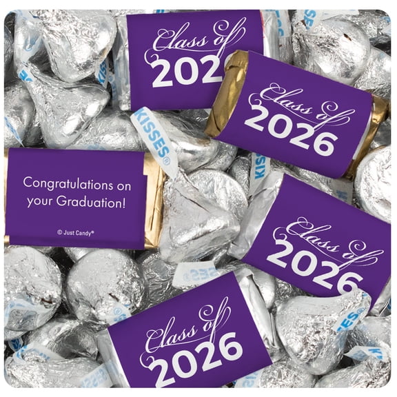 128 Pcs Purple Graduation Candy Party Favors Hershey's Miniatures and Silver Kisses by Just Candy (1.58 lbs approx. 128 Pcs)