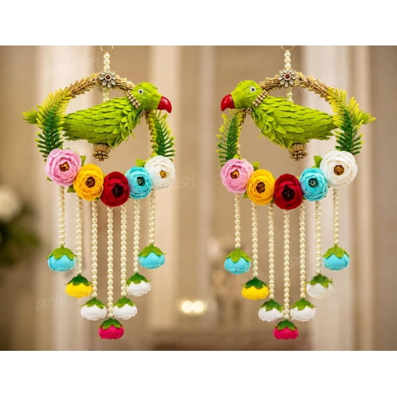 Handmade Parrot Hanging for Home Decor Set of 2 | Indian Festive Door Wall Hanging with Pearl Tassels & Floral Design| Latkan for Diwali, Wedding, Housewarming, Living Room & Balcony