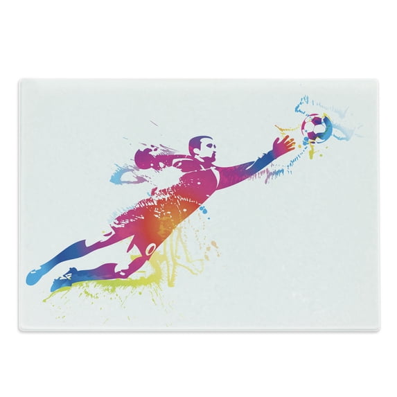 Soccer Cutting Board, Goalkeeper Catches the Ball Goal Star Training International Game Spray Design, Decorative Tempered Glass Cutting and Serving Board, Large Size, Multicolor, by Ambesonne