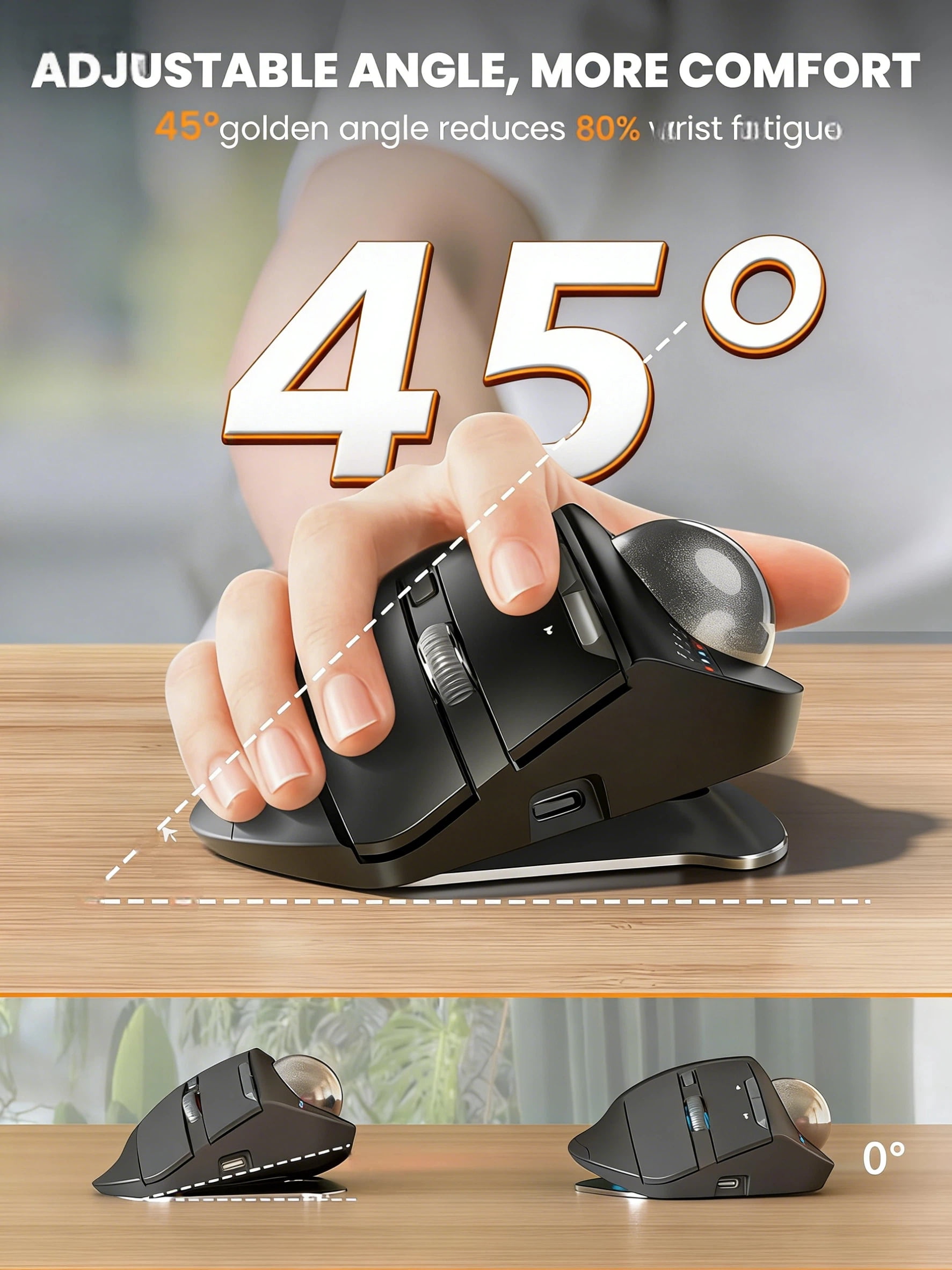 Ergonomic Wireless Trackball Mouse, Adjustable Angle, Thumb Control, Quiet Click, Rechargeable, Multi-Device Bluetooth & USB, for Windows Mac-Black Ball