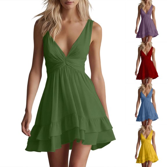 Women's Solid Color Twist Front Fit‑and‑Flare Dress Deep V‑Neck Sleeveless High‑Waist Ruffle Short Dress Green XL(XL)