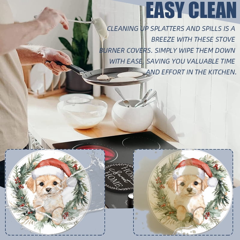 Christmas Round Electric Stove/Range Burner Cover, Christmas Wreath Cute Dog Mental Durable Gas Stove Burner Covers Conceals Messy Drip Pans Set of 4 for Kitchen, 8 Inches and 10 Inches