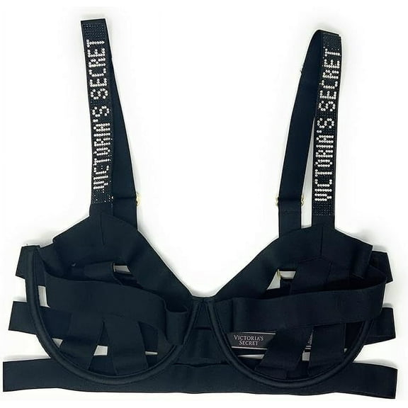 Victoria's Secret Very Sexy Bling Shine Rhinestone Logo Luxe Black Strappy Unlined Balconet Bra Cup Size 36DDD NWT