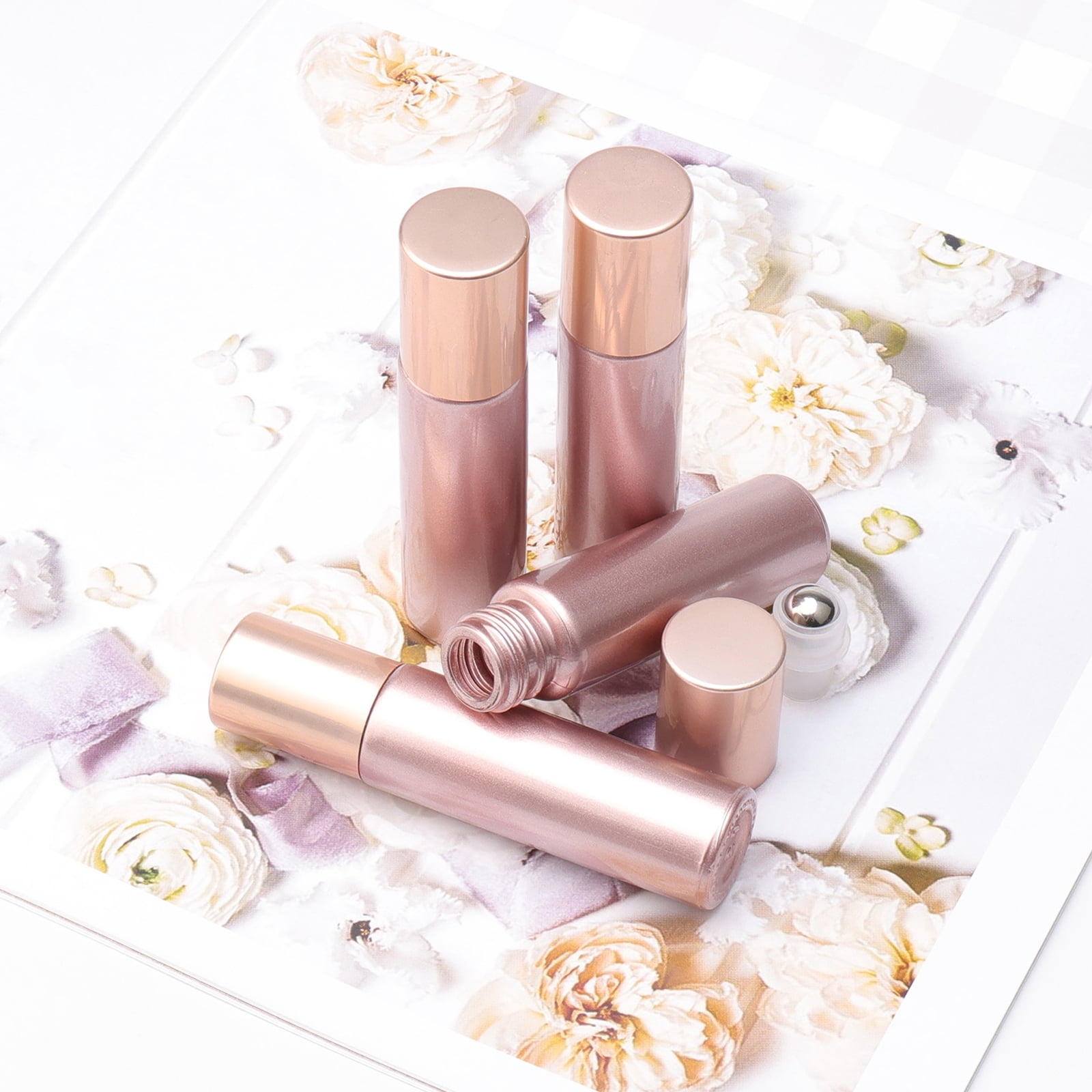 Essential Oil Roller Bottles 33PCS 10ml Matte Rose Gold Roller Bottles with Stainless Steel Roller Balls and Caps for Travel, Perfume and Lip Gloss