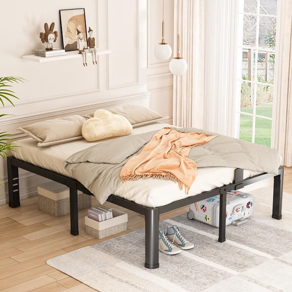 16 Inch Queen Bed Frame Metal Platform with Round Corner Legs,3500 LBS Heavy Duty Steel Slats Support,Headboard Compatible,No Box Spring Needed,Easy Assembly,Mattress Retainer,Underbed Storage