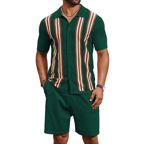 COOFANDY Men's 2 Piece Short Sets Casual Button Down Shirt and Shorts Set Knit Polo Set Vintage Summer Beach Outfits