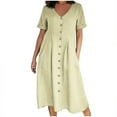 thumbnail image 1 of CHOK Robe d'Été Décontractée pour Femmes en Coton et Lin, Robe Midi Boutonnée avec Poches, Col en V, Manches Courtes, Grande Taille (3TG Bleu Clair), 1 of 5