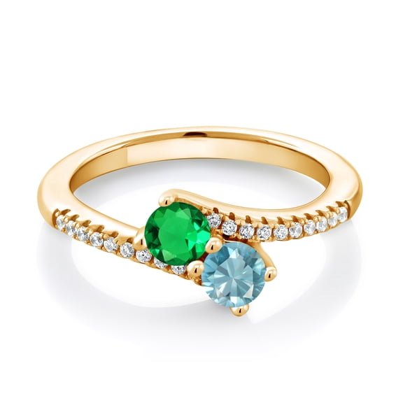 Gem Stone King 18K Yellow Gold Plated Silver Green Nano Emerald and Blue Zircon Bypass Ring for Women (1.04 Cttw, Gemstone May Birthstone, Round 4MM, Size 8)