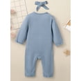 thumbnail image 4 of Baby Girls Boys Rompers Solid Color Buttons Crew Neck Long Sleeve Jumpsuits Spring Toddler Bodysuits with Headband, 4 of 10