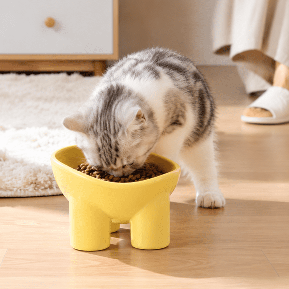 Elevated Tilted Anti-Tip Pet Bowl with 3 Thick Leg Stand, Neck Protection Raised Cat Food Water Dish, Ergonomic Chin-High Feeding Bowl for Kittens Small Puppies, Yellow Single Bowl