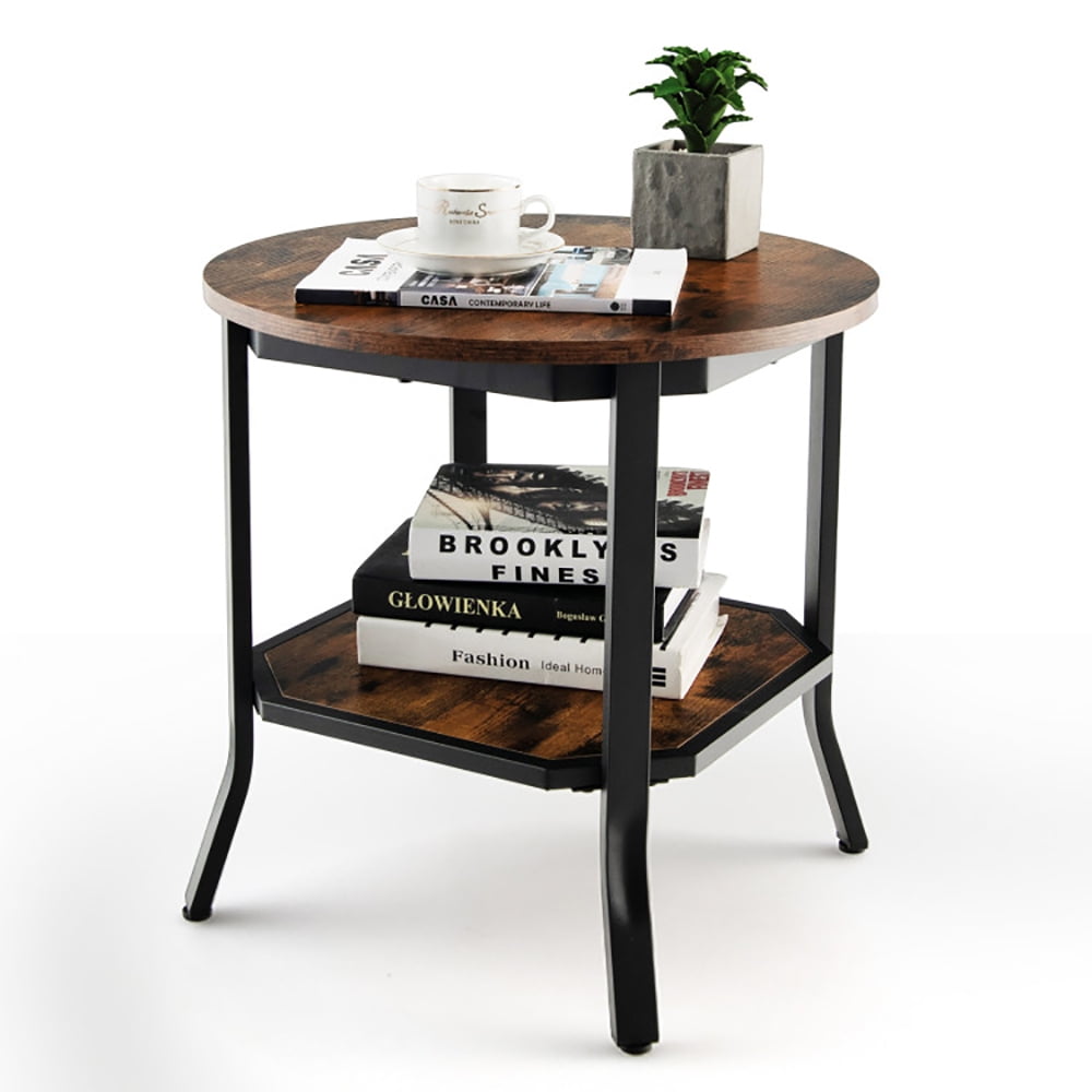 Finihen End Side Table, 2-Tier Round End Table with Storage Shelf, for Living Room, Bedroom, Brown Finihen End Side Table, 2-Tier Round End Table with Storage Shelf, for Living Room, Bedroom, Brown