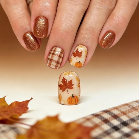 YuYoulan Brown Press On Nail Fall Halloween Short Square Glitters False Nail With Plaids Pattern, Pumpkin Maple Leaf Art for Holiday Party