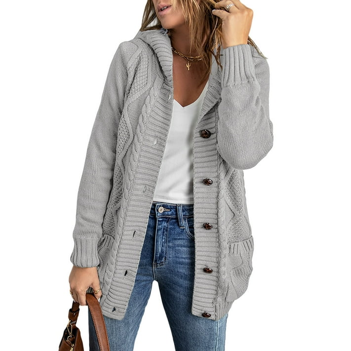 Eytino Cable Knitted Hooded Cardigan Sweaters for Women Button Down Fleece Lined Open Front