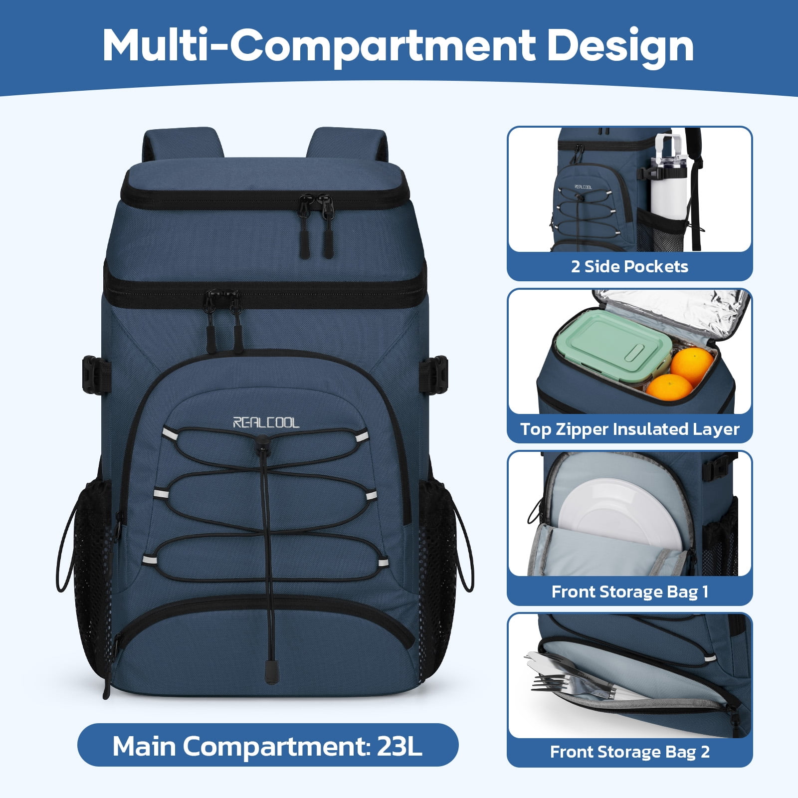 Realcool Backpack Cooler，33 Cans Insulated Leakproof Soft Cooler Bag Lightweight Camping Beach Lunch Backpack for Men Women Blue
