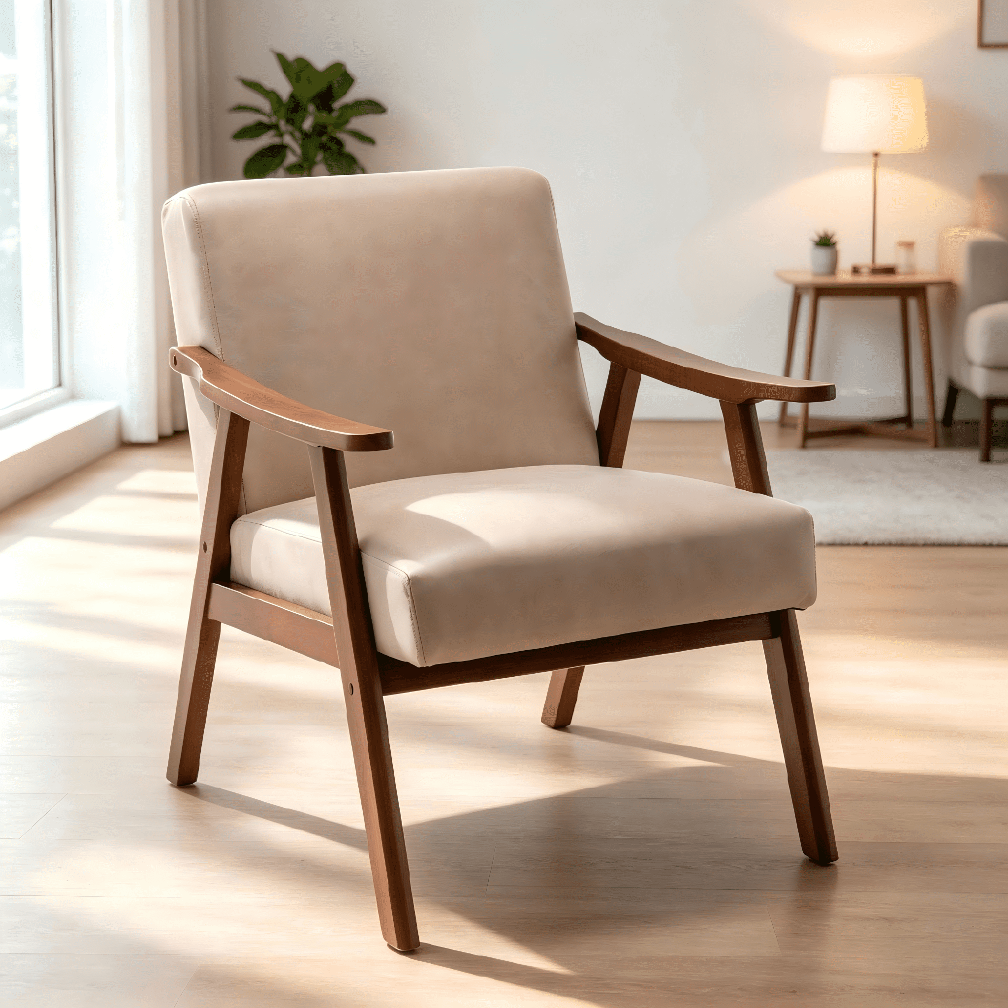 Mintazer Mid-Century Modern Microfiber Leather Accent Chair, Armchair for Living Room Bedroom, Light Camel