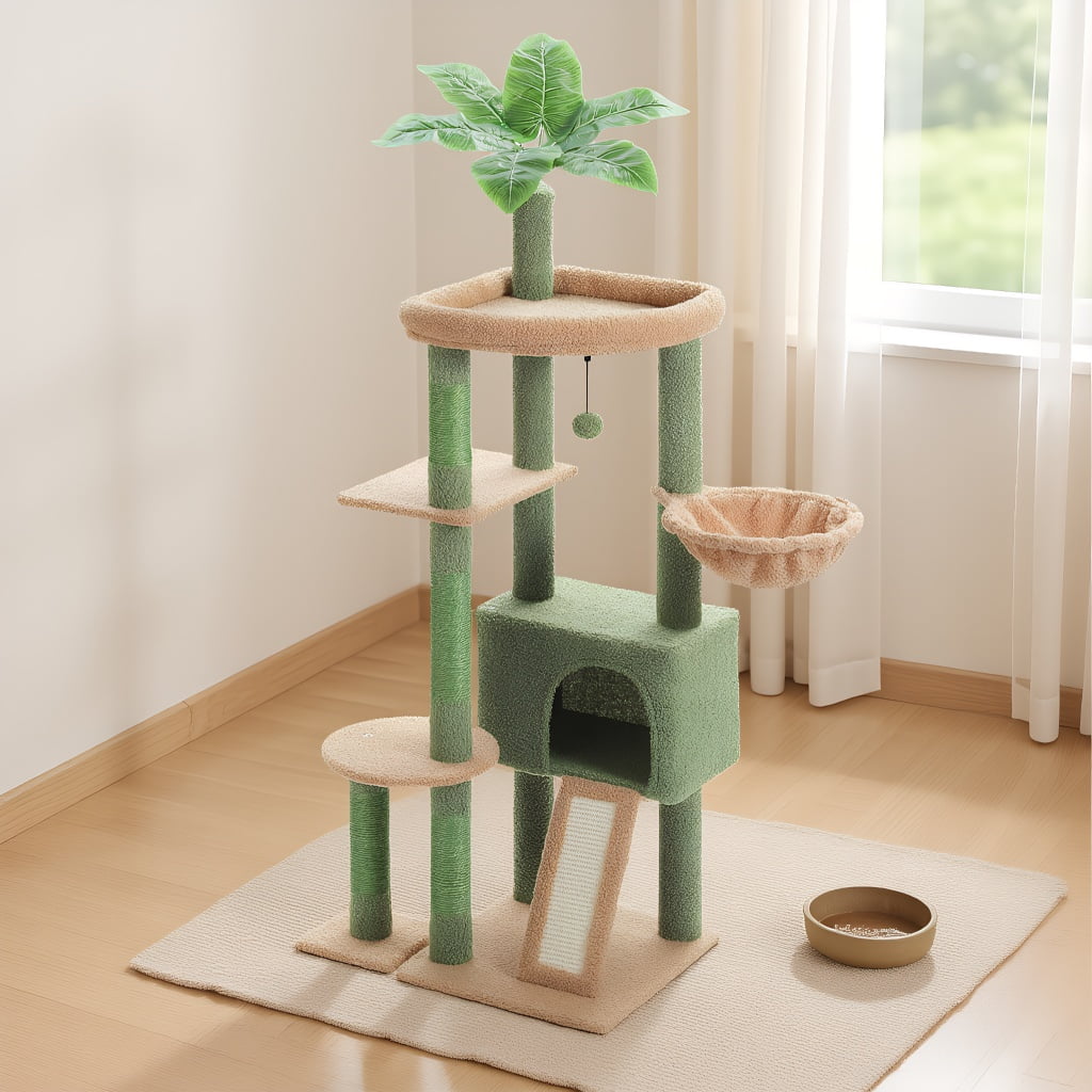 Pefilos 53" Cat Tree for Indoor Cats, Large Condo, Sisal Scratching Posts, Hammock & Perch, Fresh Cactus Design, Sturdy, Multi-Level, Green