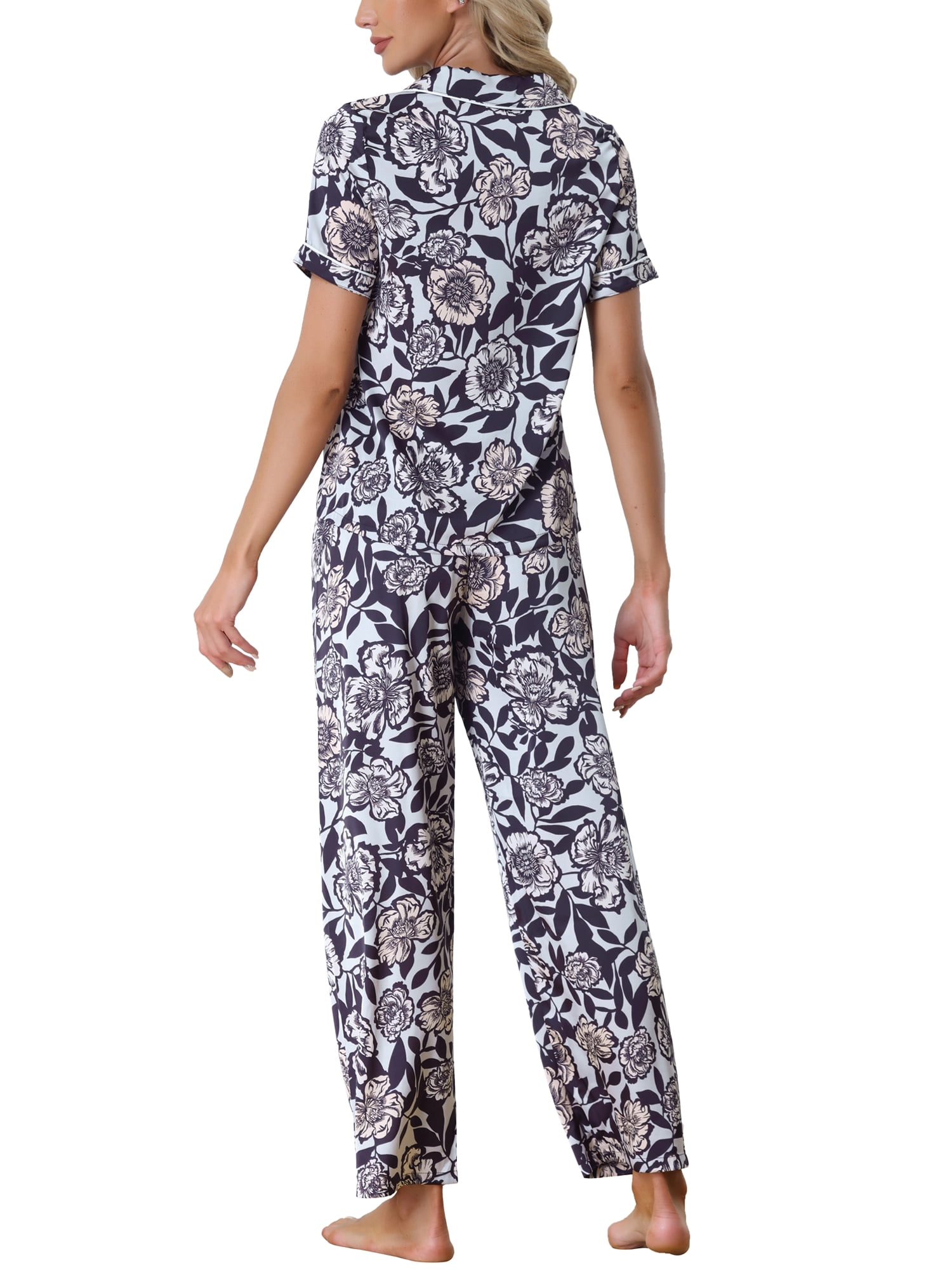 Unique Bargains Women's Pajama Set Silk Short Sleeves and Pants Floral Satin Sets