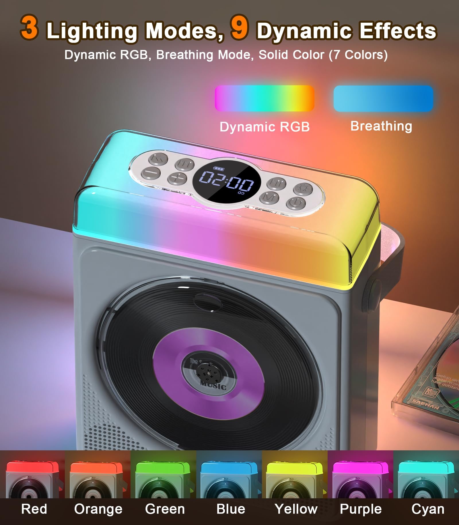 4000mAh Portable CD Player with Bluetooth & RGB Lights,  Rechargeable Personal CD Player with Speakers & Remote, Bass Boost, USB/TF/AUX Support, for Home/Outdoor Use (White）