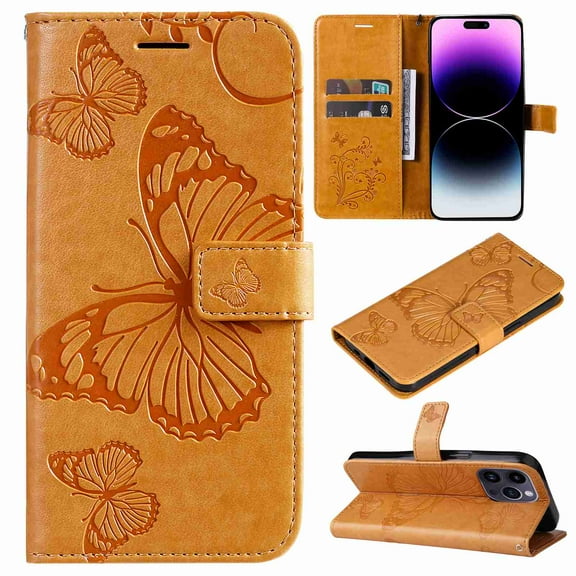 Dteck for Apple iPhone 15 Pro with Card Holder, Shockproof Magnetic Wallet Card Pocket PU Leather Kickstand Women Men Embossed Butterfly Wrist Strap Flip Folio Case, yellow