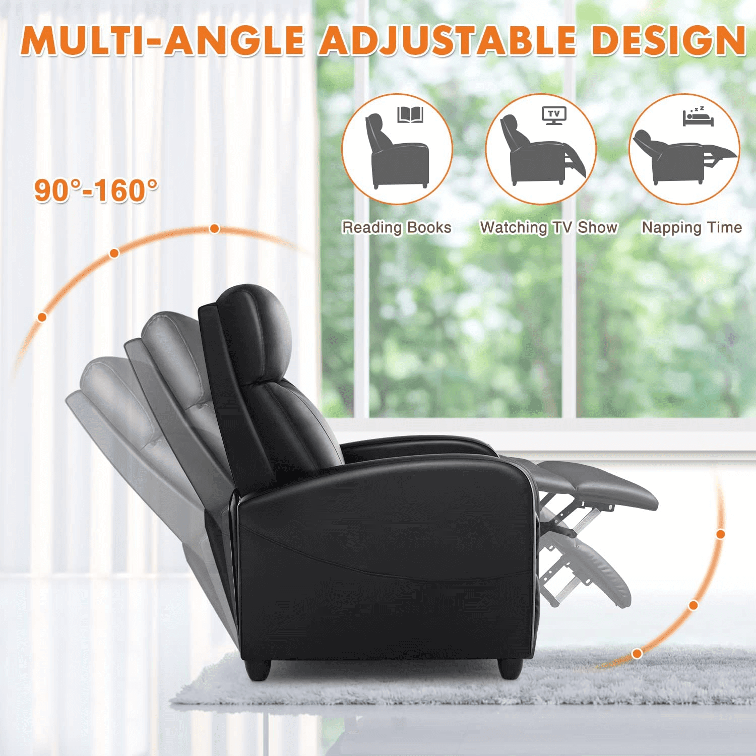 Manual Recliner Chair Sofa with Massage and Heating, Overstuffed Push Back Reline Chair, Lumbar Support Home Theater for Living Room, Black