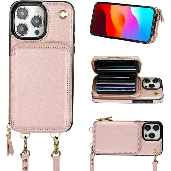 Crossbody Wallet Case for iPhone 15 Pro Max, RFID Blocking Leather Purse Case with Card Holder, Protective Handbag Flip Cover with Zipper Wrist Strap Lanyard for Women 5G 6.7 Inch (Rose Gold)