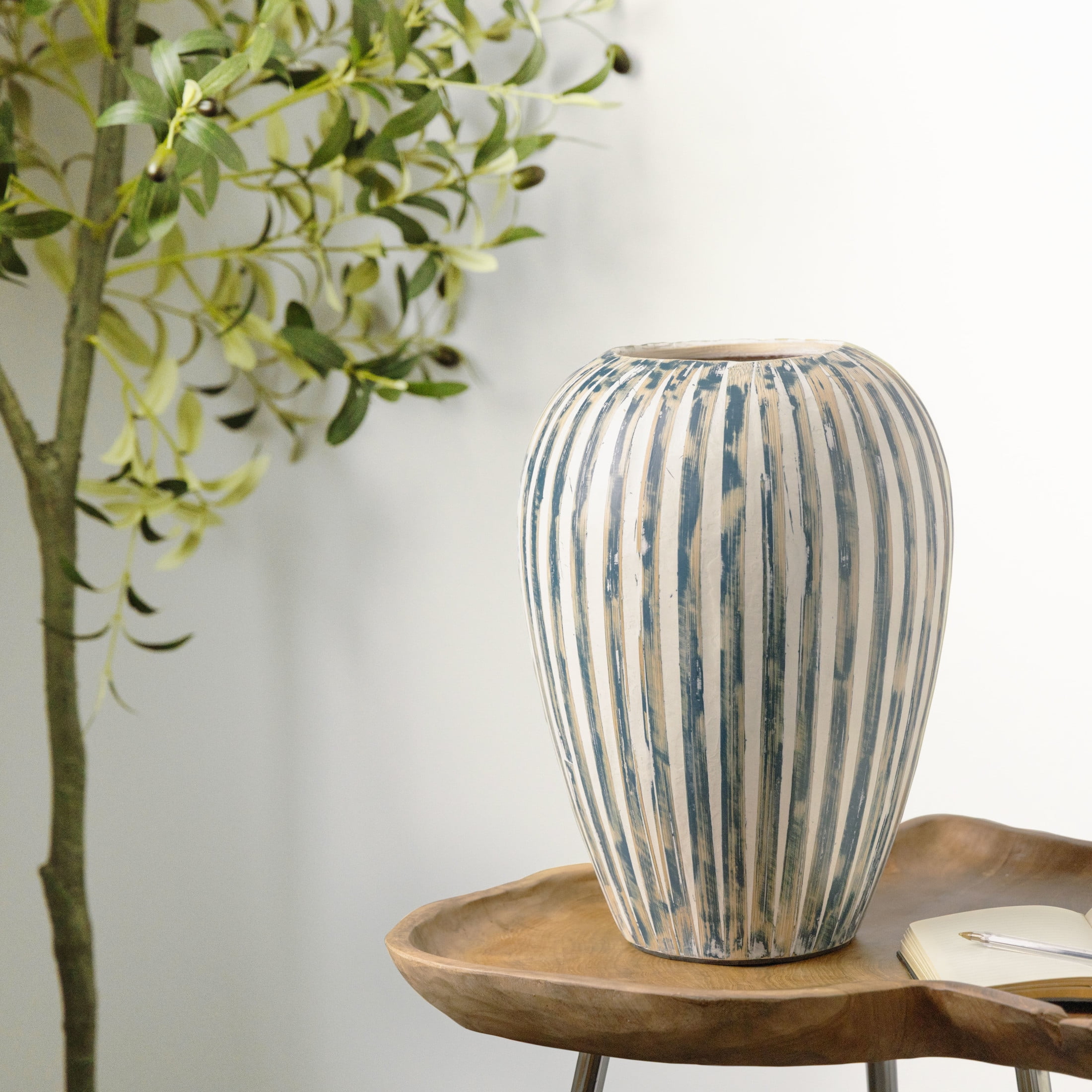 DecMode 14" Brushed Blue Bamboo Wood Vase with Cream Accents and White Stripes
