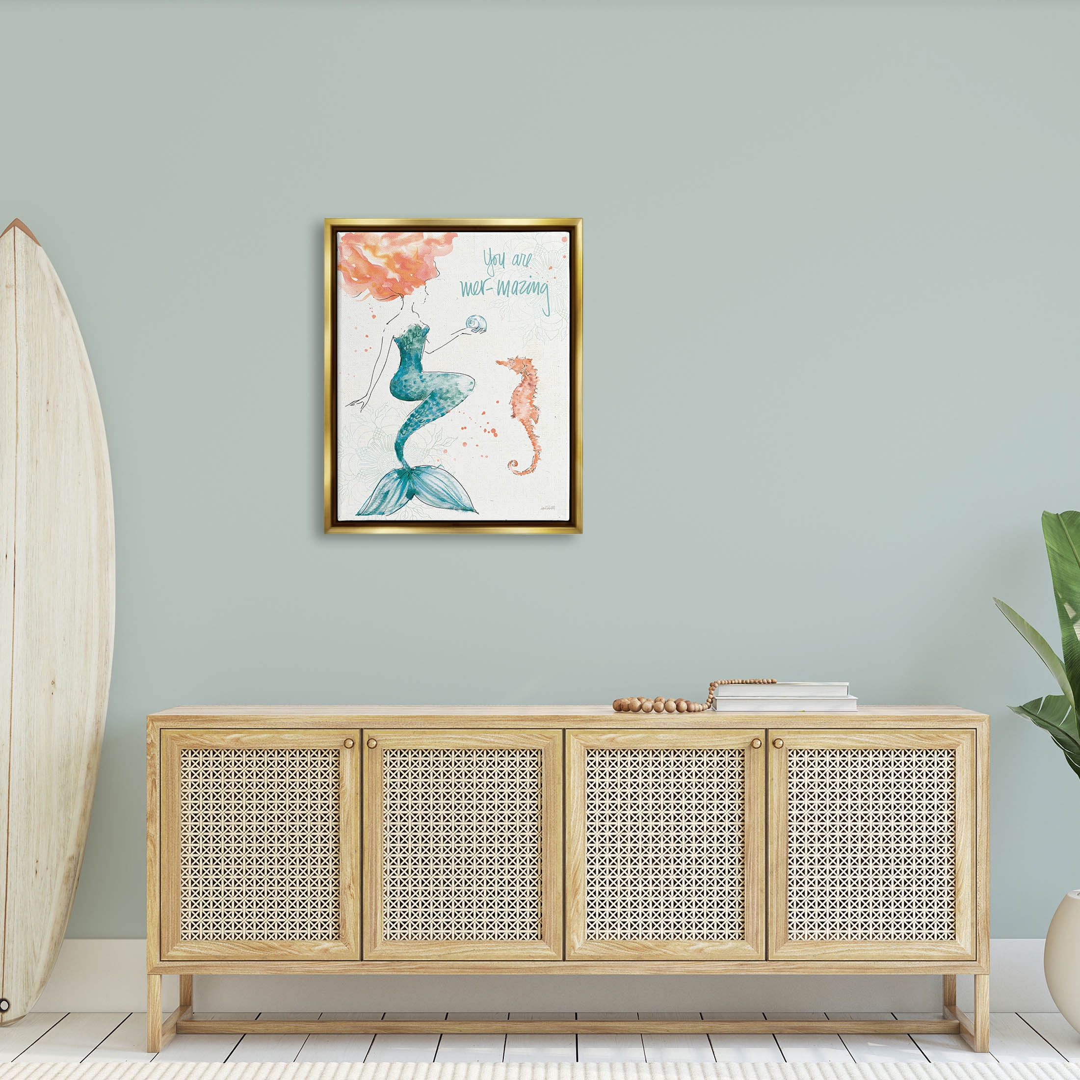 Stupell Industries Mer-Mazing Uplifting Mermaid Phrase Graphic Art Metallic Gold Floating Framed Canvas Print Wall Art, Design by Anne Tavoletti