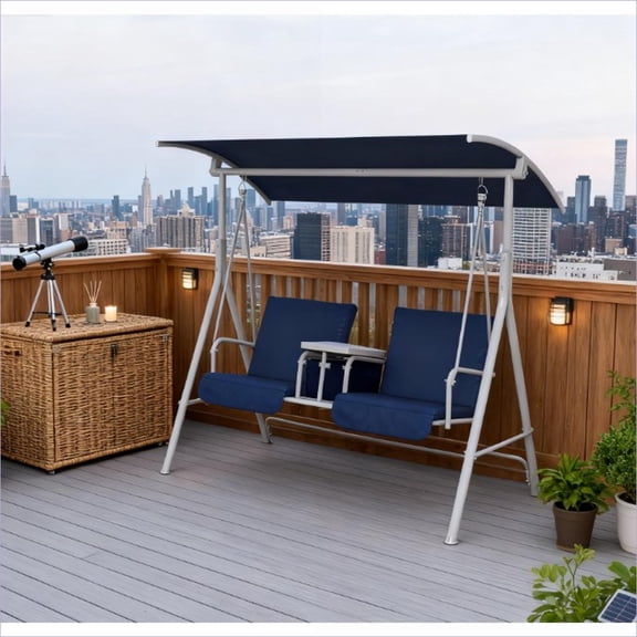 Outdoor Porch Swing 2-Seater with Canopy Cupholders Storage for Patio Backyard Garden Poolside | Navy Blue | Steel & Oxford Fabric