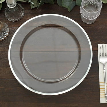 Efavormart 10 Pack | 12" Silver Rim Clear Heavy Duty Plastic Serving Trays, Disposable Charger Plates Tableware