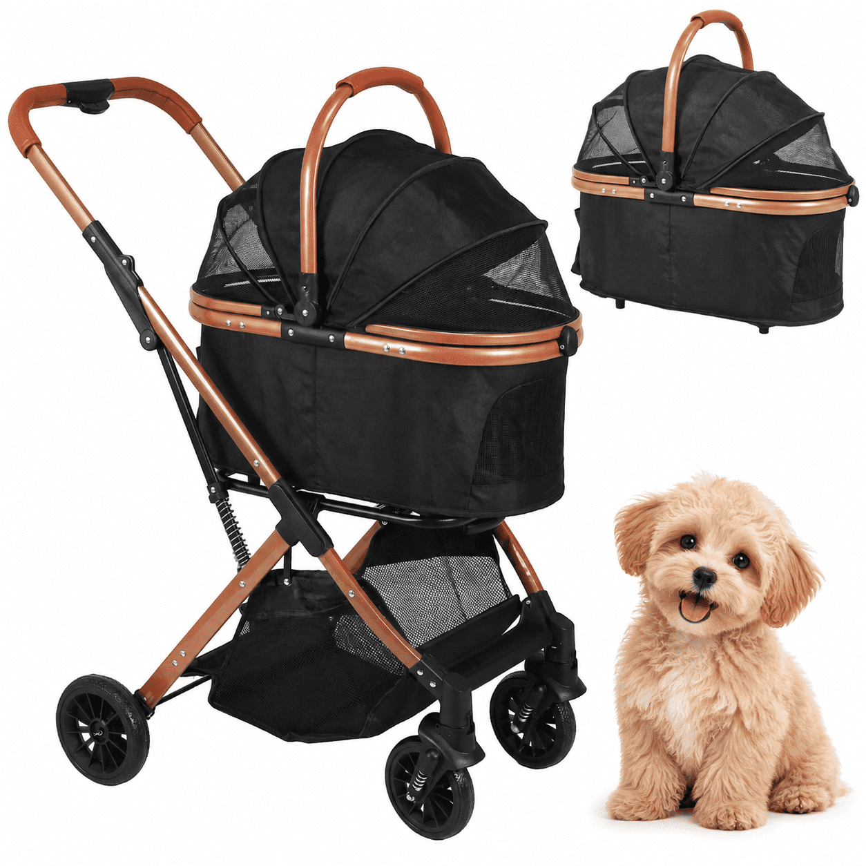ZENY 4 Wheel Foldable Dog Stroller, Black, Holds Pets up to 30 lbs