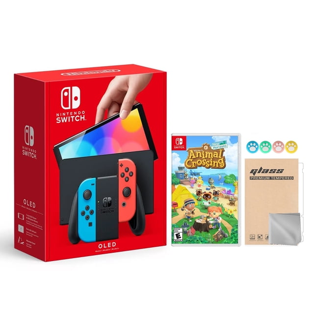2021 New Nintendo Switch OLED Modelo Neon 64GB con Animal Crossing: New Horizons y Mytrix Joystick Caps Nintendo HEGSKABAA