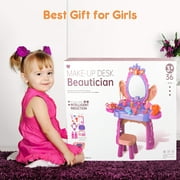 Carsky Kids Makeup Vanity Set With Mirror And Stool, Toddler Vanity Table With Lights And Sounds,Dress Up Pretend Play Toy For Girls Age 3-8