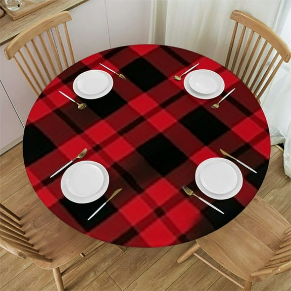 BANET Christmas Tablecloth Round Plaid Tablecloth Waterproof Polyester Holiday Holly Pine Cones Christmas Balls Decorative Table Cloth for Kitchen Dining Room Outdoor Patio Party 31"-35