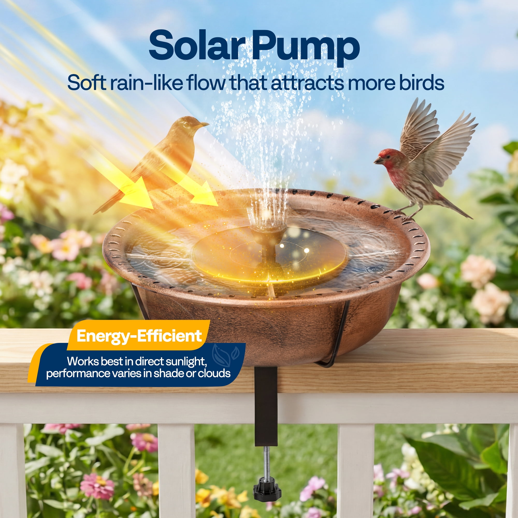 SPECSTAR Deck Mounted Bird Bath with Solar Fountain, Outdoor ABS Birdbath Bowl with Adjustable Metal Clamp, Solar Powered Pump for Railing, Fence, Balcony, 1.45 Gallons, Bronze