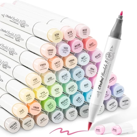 Ohuhu Pastel Brush Tip Alcohol-Based Markers Set for Sketching & Illustration, 48 Colors   1 Blender, Brush & Fine, Honolulu B