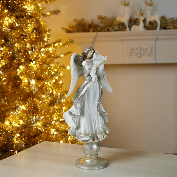 Melrose Angel Christmas Statue on Pedestal - 20.5" - White and Gold