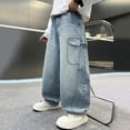 thumbnail image 5 of shqvo Teen Boys Jeans Size 14-16 Wide Leg High Waisted Elastic Waist Cotton Baggy Jeans Boy Loose Fit Classic Fashion Trousers Streetwear with Pockets Blue 15-16 Years, 5 of 9