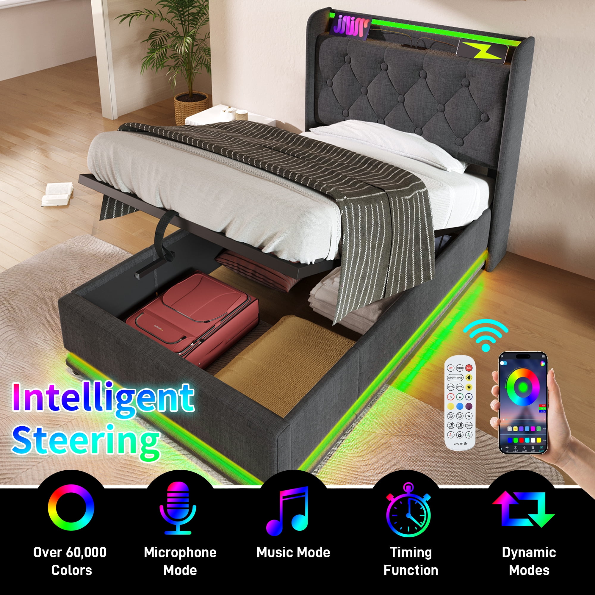 Euroco Upholstered Twin Size Platform Bed with Hydraulic Storage for Child, 360 Surround LED Light Linen Bed with USB Charging Station for Kids Teens, Gray