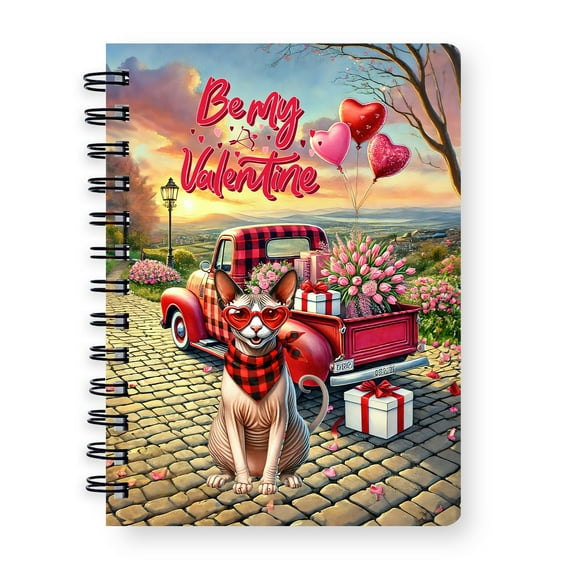 Be My Valentine's Sphynx Truck Full of Love Flower Balloon Spiral Bound Journal Cat Lover Kitten Owner Gifts Idea 5x7in Spiral Notebook - 02029