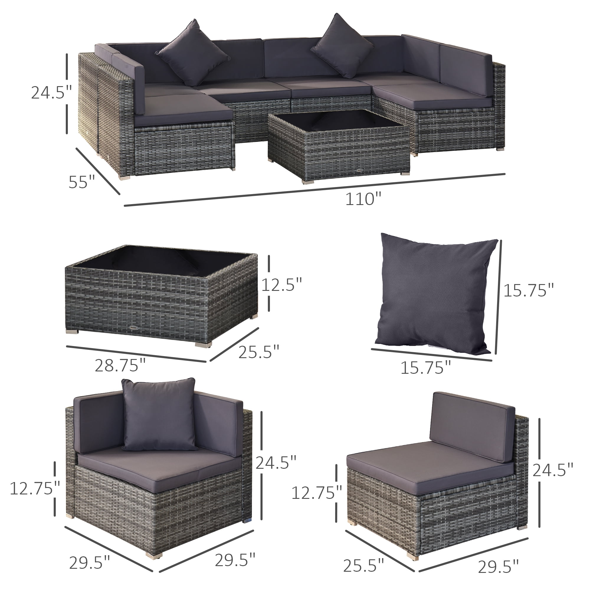 Outsunny 7 Piece Outdoor Patio Furniture Set, PE Rattan Wicker Sectional Sofa Set with Couch Cushions, Pillows, Black Coffee Table, Double Gray
