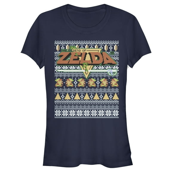 Junior's Nintendo Ugly Christmas Legend of Zelda  Graphic Tee Navy Blue Small