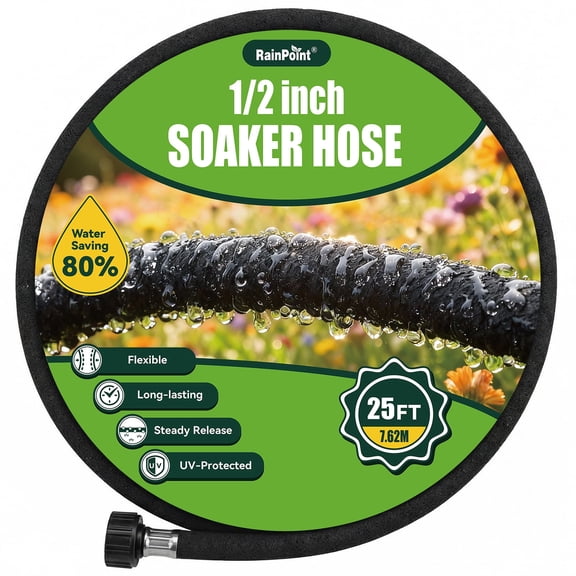 RainPoint 1/2 Inch Soaker Hose 25FT Water-Saving Drip Irrigation for Garden, Black